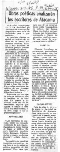 Obras poéticas analizarán los escritores de Atacama.  [artículo]