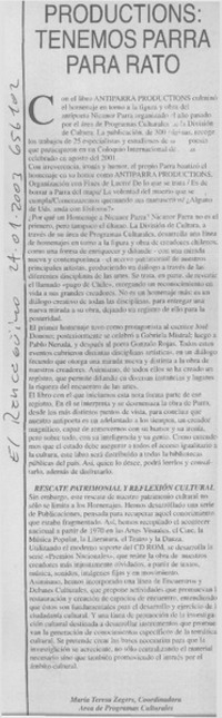 Antiparra productions : tenemos Parra para rato  [artículo] María Teresa Zegers Nachbauer.