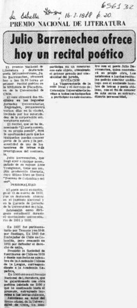Julio Barrenechea ofrece hoy un recital poético  [artículo]