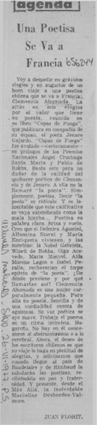 Una poetisa se va a Francia  [artículo] Juan Florit.