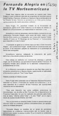 Fernando Alegría en la TV norteamericana  [artículo]