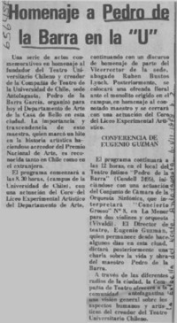 Homenaje a Pedro de la Barra en la "U".  [artículo]