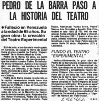 Pedro de la Barra pasó a la historia del teatro  [artículo] O. M. R.