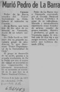 Murió Pedro de la Barra.  [artículo]