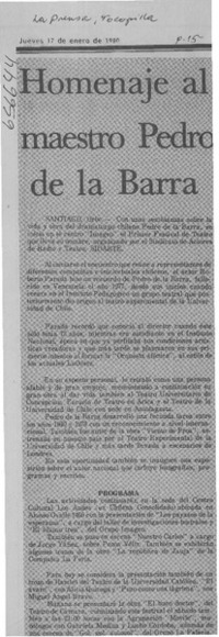 Homenaje al maestro Pedro de la Barra.  [artículo]