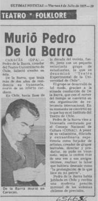 Murió Pedro de la Barra.  [artículo]