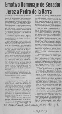 Emotivo homenaje de senador Jerez a Pedro de la Barra.  [artículo]