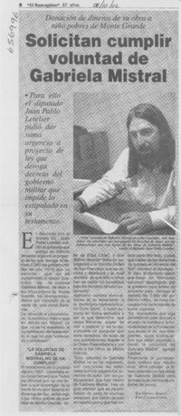 Solicitan cumplir voluntad de Gabriela Mistral