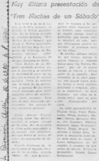 Hoy última presentación de "Tres noches de un sábado".