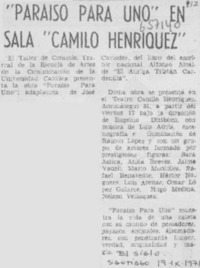 "Paraíso para uno" en sala "Camilo Henríquez".