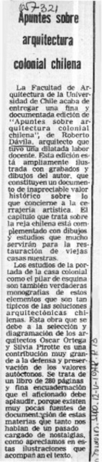 Apuntes sobre arquitectura colonial chilena.  [artículo]