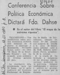 Conferencia sobre política económica dictará Fdo. Dahse.  [artículo]