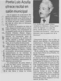 Poeta Luis Acuña ofrece recital en salón municipal.