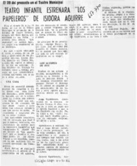 Teatro infantil estrenará "Los papeleros" de Isidora Aguirre.  [artículo]