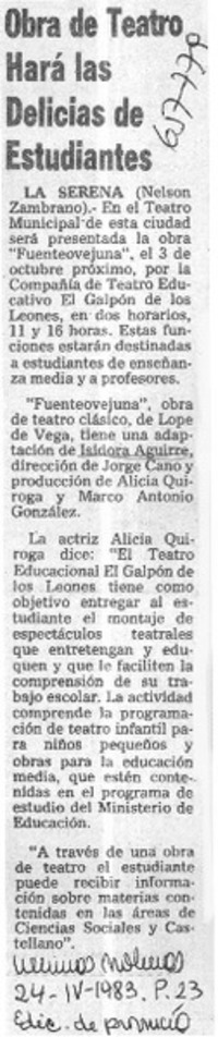 Obra de teatro hará las delicias de estudiantes  [artículo] Nelson Zambrano.