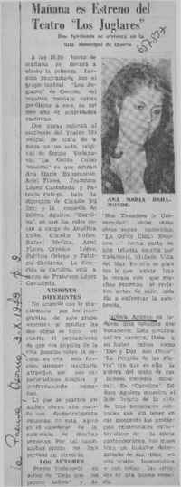 Mañana es estreno del teatro "Los Juglares".  [artículo]