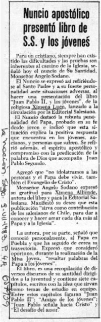 Anuncio apostólico presentó libro de S.S. y los jóvenes.  [artículo]
