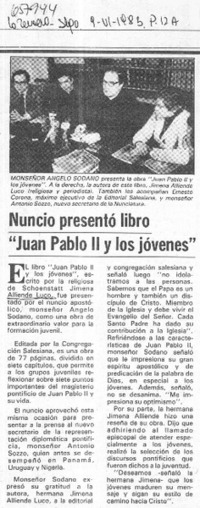 Nuncio presentó libro "Juan Pablo II y los jóvenes".  [artículo]