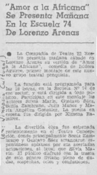 "Amor a la africana" se presenta mañana en la Escuela 74 de Lorenzo Arenas.