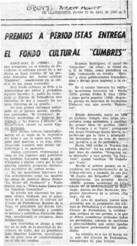 Premios a periodistas entrega el fondo cultural "Cumbres".  [artículo]