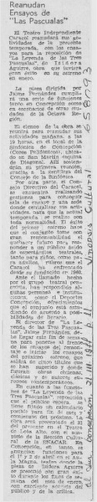 Reanudan ensayos de "Las pascualas".