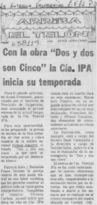 Con la obra "Dos y dos son cinco" la Cía. IPA inicia su temporada