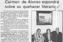 Carmen de Alonso expondrá sobre su quehacer literario.  [artículo]
