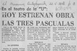 Hoy estrenan obra Las tres pascualas.  [artículo]