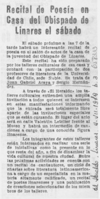 Recital de poesía en Casa del Obispado de Linares el sábado.