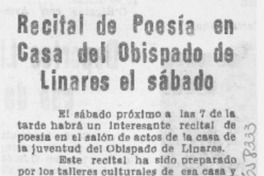 Recital de poesía en Casa del Obispado de Linares el sábado.