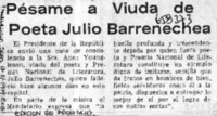 Pésame a viuda de poeta Julio Barrenechea.  [artículo]