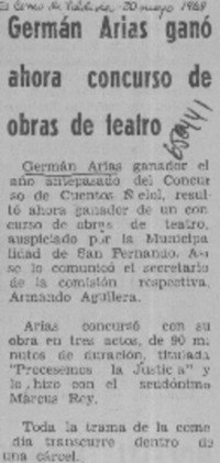 Germán Arias ganó ahora concurso de obras de teatro.  [artículo]