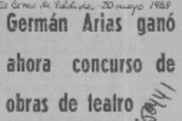 Germán Arias ganó ahora concurso de obras de teatro.  [artículo]
