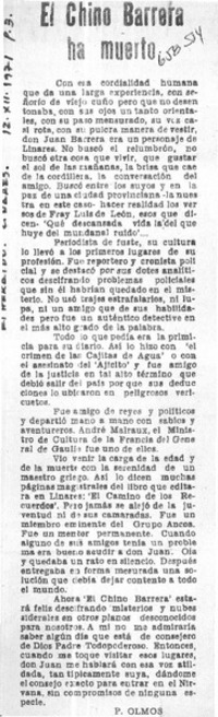 El chino Barrera ha muerto  [artículo] P. Olmos.