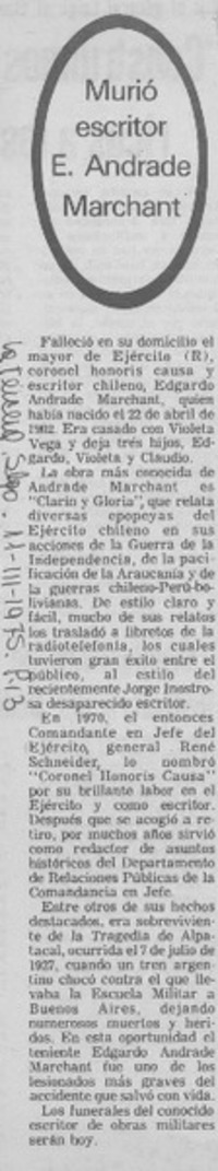 Murió escritor E. Andrade Marchant.