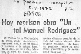 Hoy reprisan obra"Un tal Manuel Rodríguez".  [artículo]