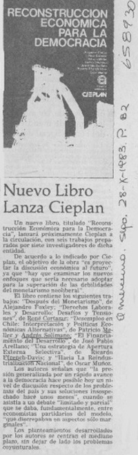 Nuevo libro lanza Cieplan.