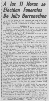 A las 11 horas se efectúan funerales de Julio Barrenechea.