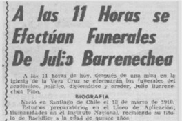 A las 11 horas se efectúan funerales de Julio Barrenechea.