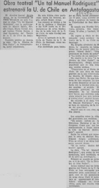 Obra teatral "un tal Manuel Rodríguez" estrenará la U. de Chile en Antofagasta.  [artículo]