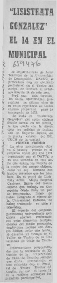 Lisistrata González el 14 en el municipal.  [artículo]