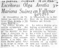 Escritoras Olga Arralia y Mariana Suárez en vallenar.  [artículo]