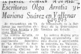 Escritoras Olga Arralia y Mariana Suárez en vallenar.  [artículo]