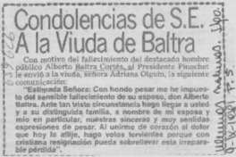 Condolencias de S. E. a la viuda de Baltra.