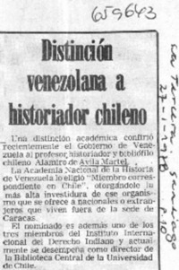 Distinción venezolana a historiador chileno.  [artículo]