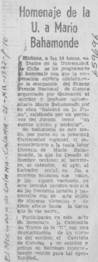 Homenaje de la U. a Mario Bahamonde.