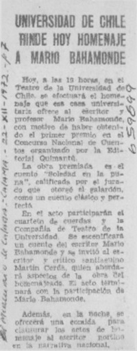 Universidad de Chile rinde hoy homenaje a Mario Bahamonde.