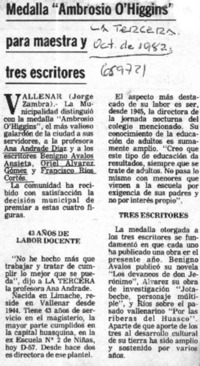 Medalla "Ambrosio O'Higgins" para maestra y tres escritores  [artículo] Jorge Zambra.