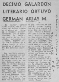 Décimo galardón literario obtuvo Germán Arias M.  [artículo]