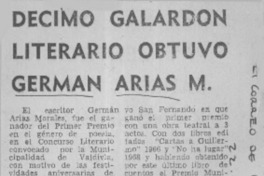 Décimo galardón literario obtuvo Germán Arias M.  [artículo]